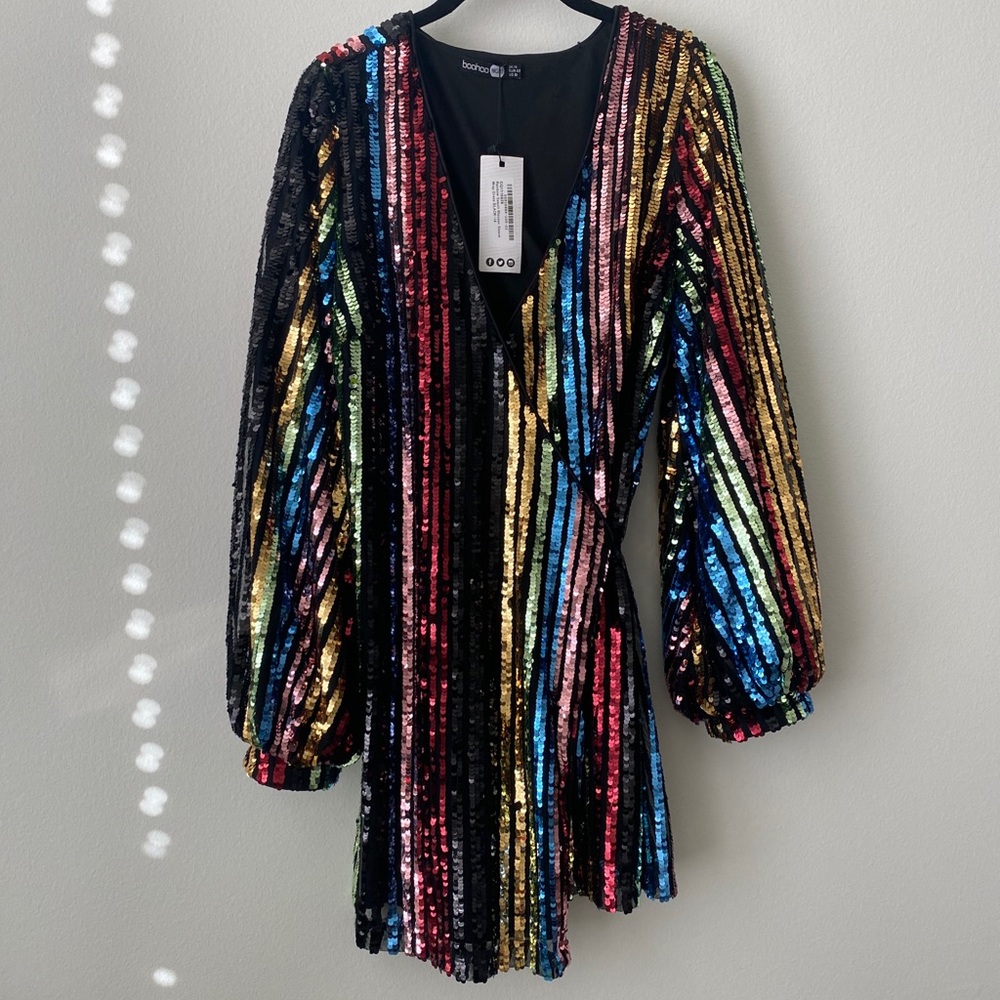 BooHoo Night Confetti Sequin Wrap Dress US 10